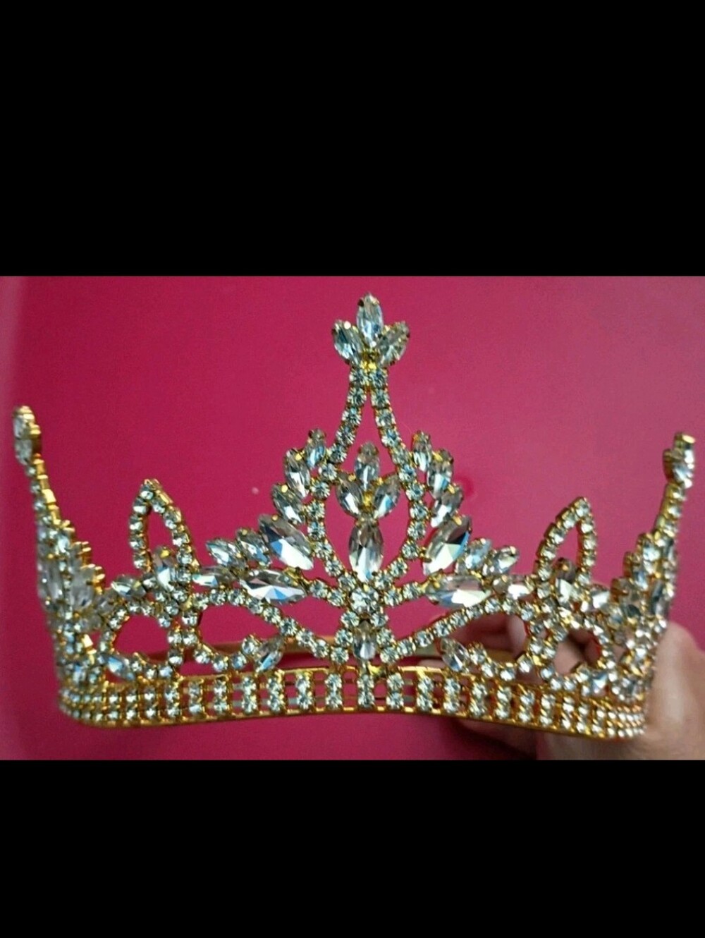 Gold Rhinestone Tiara Wedding Prom Crown Approx 7" Wide 3" Tall Adjustable